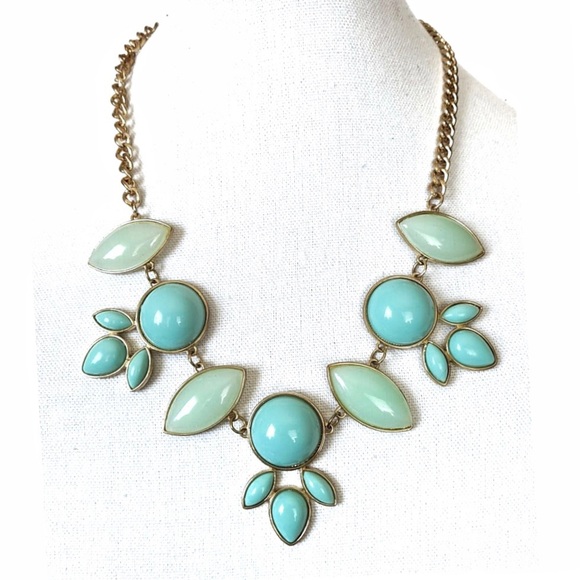 Teal Cabochon Statement Necklace & Earrings Set Gold Tone Chain Jewelry Vintage - Picture 1 of 15